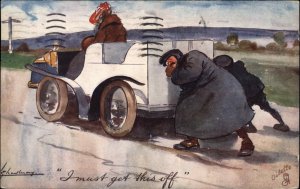 Tuck Thackeray Ways of Motors Men Pushing Broken Down Car c1910 Postcard