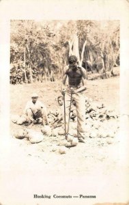 RPPC HUSKING COCONUTS PANAMA REAL PHOTO POSTCARD 1945