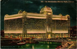 Vtg Linen Postcard Chicago Illinois The Merchandise Mart By Night Curt Teich