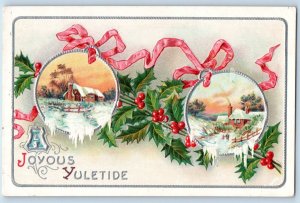 Christmas Postcard Yuletide Winter Scene Holly Berries Embossed c1910's Antique