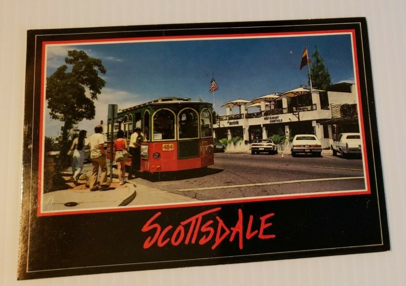 Vintage Postcard Scottsdale Arizona trolley shopping district old auto cars 1987