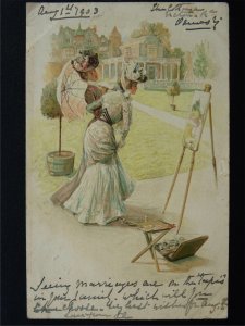 Edwardian LADY ARTIST AT WORK with Artist Easel & Paint Pallet c1903 UB Postcard