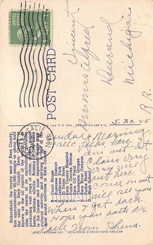 Greetings From Bakersfield, California, Early Linen Postcard, Used