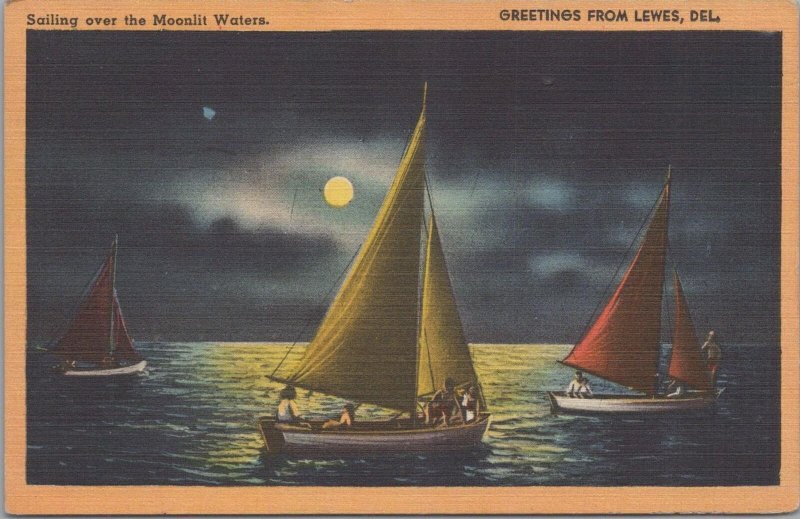 Postcard Greetings from Lewes DE Sailing on the Moonlit Waters