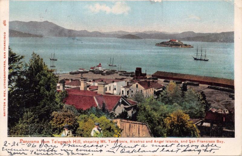 CALIFORNIA PANORAMA FROM TELEGRAPH HILL-MT TAMALPAIS-ALCATRAZ POSTCARD 1906