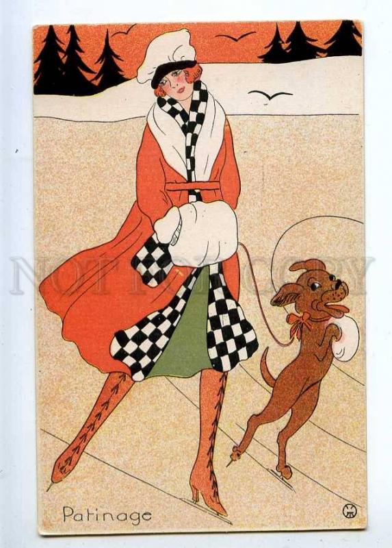 233208 ART NOUVEAU Patinage SKATING Lady DACHSHUND Vintage PC