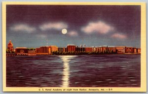 Vtg Annapolis Maryland MD US Naval Academy Night View From Harbor Postcard