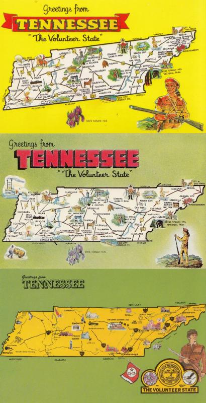 Tennessee Greetings From 3x Map Postcard s