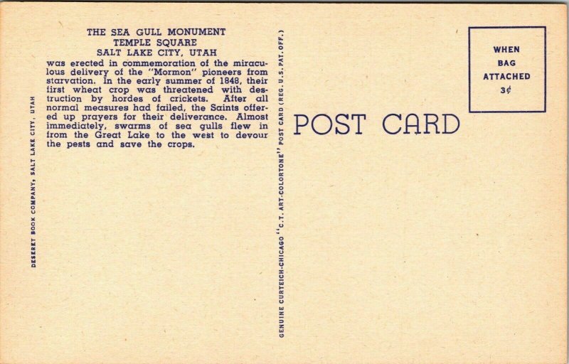 Sea Gull Monument Temple Square Salt Lake City Utah UT Linen Postcard VTG UNP 