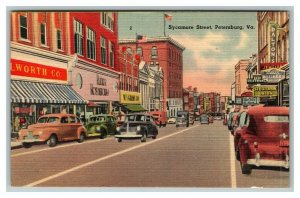 Vintage 1930's Postcard Sycamore Street Petersburg Virginia Antique Cars & Signs