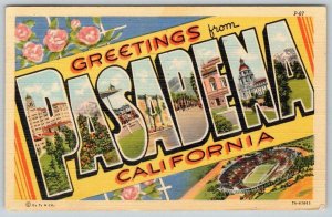 1950 GREETINGS FROM PASADENA CALIFORNIA LARGE LETTER LINEN POSTCARD INGLEWOOD PM