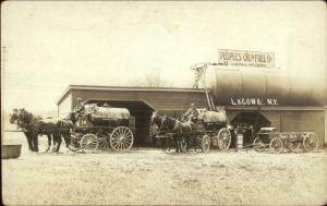 Lacona NY Horse Wagons Oil Tanks Advertising c1910 Real Photo Postcard