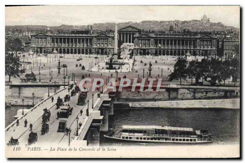 Postcard Old Paris Place de la Concorde and the Seine Boat Peniche