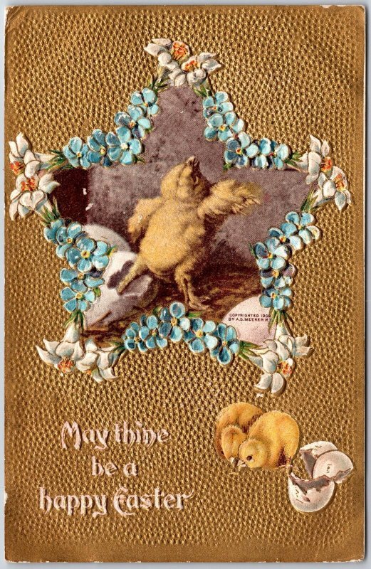 1910's May Thine Be A Happy Easter Chicks Forget-Me-Nots Flowers Posted Postcard