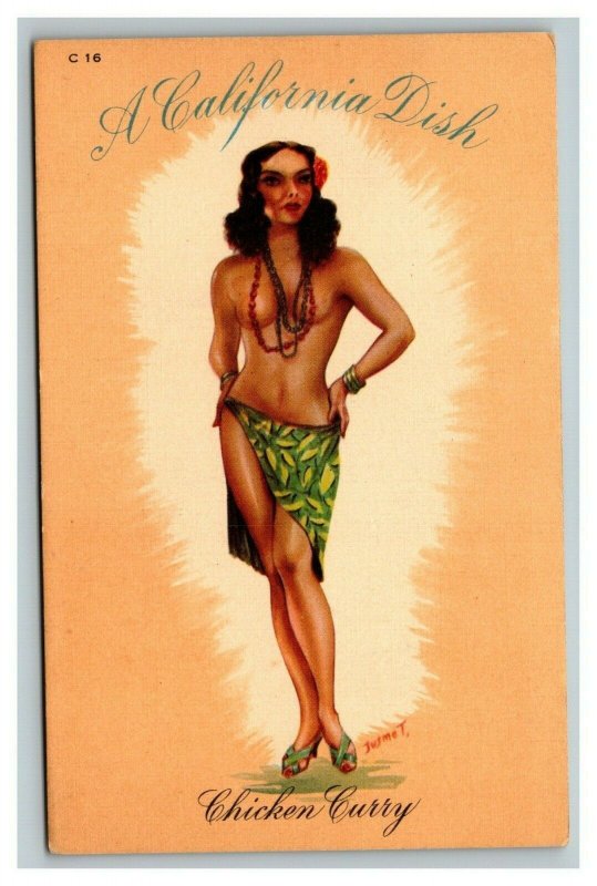 Vintage 1940's Postcard Beautiful Pin Up Girl - California Dish - Chicken Curry