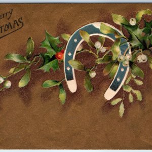 c1910s A Merry Christmas Gold Gilt Embossed Horseshoe Holly Berries Germany A228