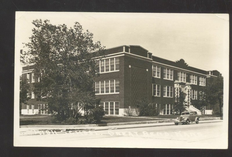 RPPC GREAT BEND KANSAS HIGH SCHOOL BUILDING OLD CARS REAL PHOTO POSTCARD