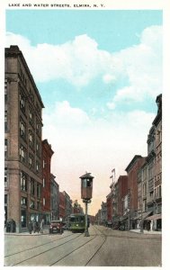 Vintage Postcard 1920's Lake and Water Streets Elmira New York N.Y.