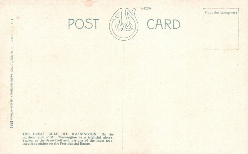 Vintage Postcard 1920's The Great Gulf Mount Washington White Mts. New Hampshire