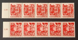 GERMANY THIRD 3rd REICH ORIGINAL MARGIN STAMP SRTIP (5) SET SA/SS Mi909-910 MNH