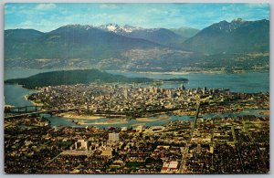 Vtg Vancouver B.C. Canada Aerial View Of Downtown Harbour & Mountains Postcard