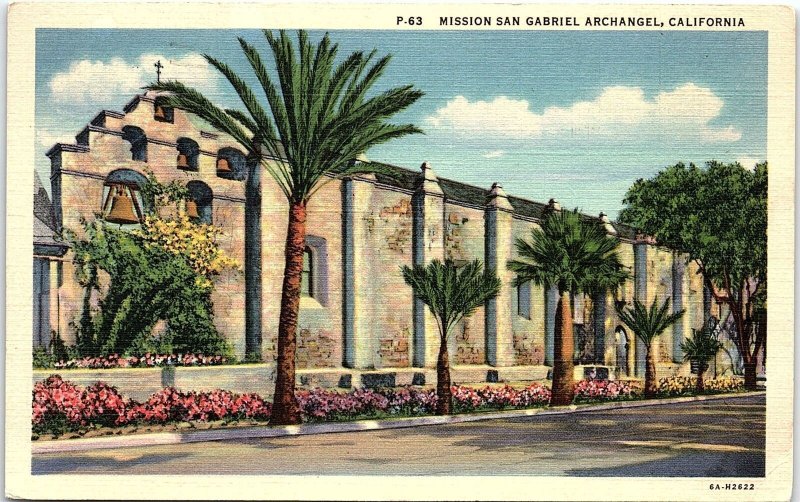 1930s ARCHANGEL CALIFORNIA MISSION SAN GABRIEL LINEN POSTCARD 42-277