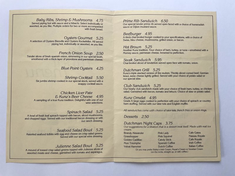 Vintage 80s KUNZ'S The Dutchman Restaurant Late Night Menu Louisville KY