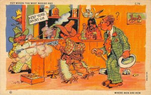 Where The West Begins COWBOYS Bar Saloon RAY WALTERS Comic Vintage Postcard