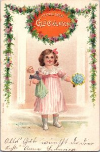 Cute Girl With Her Doll Happy New Year Vintage Postcard 05.29 