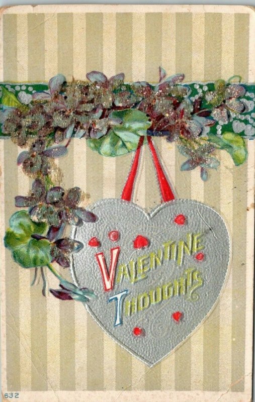 ANTIQUE EMBOSSED Post Card Valentine Thoughts Gold Heart Purple Flowers  VINTAGE 