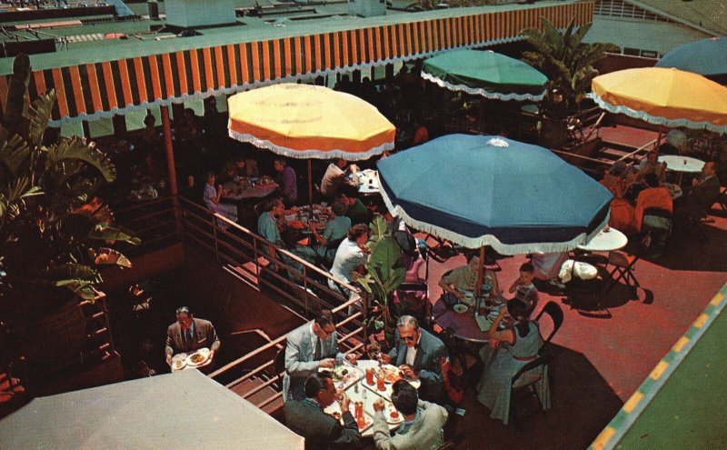 Vintage Postcard 1955 Farmers Market Dining On Sun Deck Los Angeles California