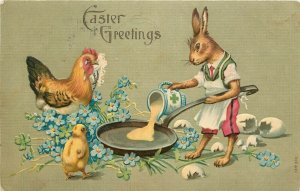 Embossed Easter Postcard 358 Dressed Rabbit makes Scrambled Eggs, Chicken Weeps