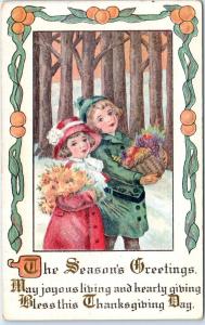 THANKSGIVING  Greeting  CUTE KIDS c1910s  Embossed Postcard SEASON'S GREETINGS
