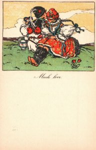 Vintage Postcard Much Love Winter Scene Romance Lovers On Top Of Mountain