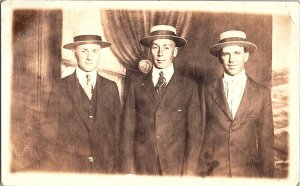 RPPC Postcard Three Men in Straw Boater Hats Suits Ties c1915