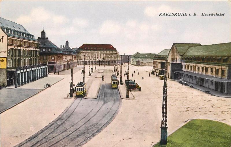 Karlsruhe i. B. (Bavaria Germany Hauptbahnhof (Depot). Postcard. Trolley Tram