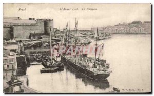 Old Postcard Brest Le Chateau Avant Port Boat Sailboat