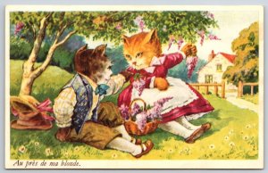 Fantasy~Dressed Cats~Courting Cats Flirt Using Lilacs Under Large Bush~France