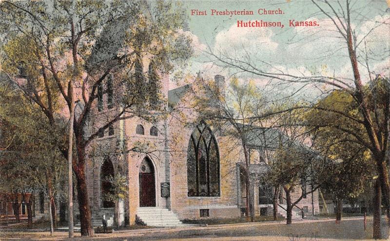 Hutchinson Kansas~First Presbyterian Church~Boy With Wheelbarrow on Corner~1910 