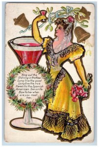 American Senorita Postcard Pretty Woman Champagne Ringing Bells Embossed c1910's