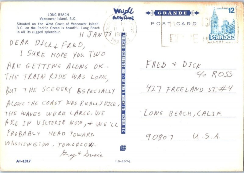 Long Beach Vancouver BC sent  to Long Beach California Postcard 1978
