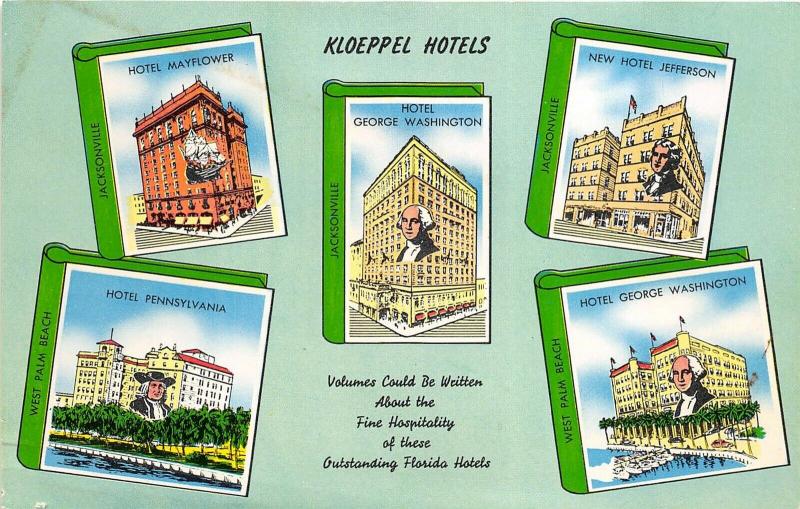 Jacksonville & West Palm Beach Florida 1950s Postcard Kloeppel Hotels
