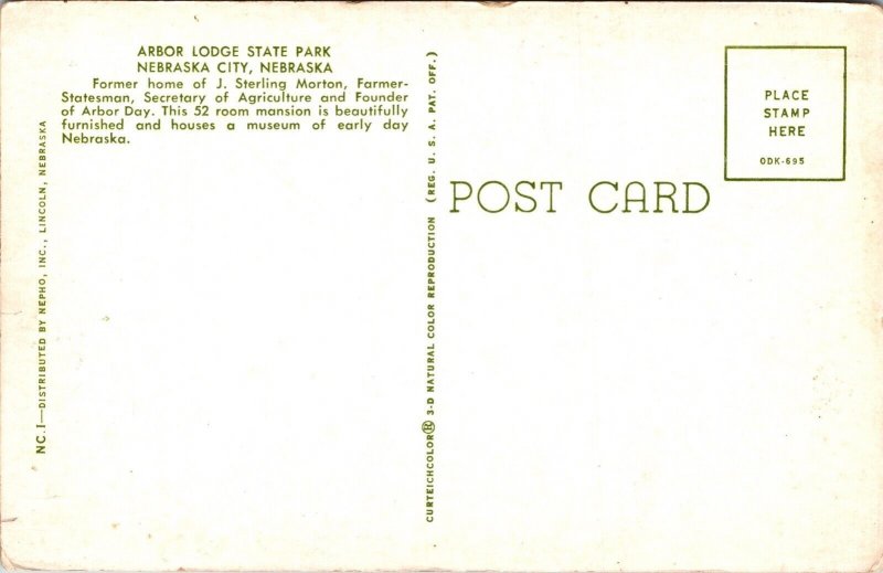 Arbor Lodge State Park Nebraska City Exterior J Sterling Morton Home Postcard 