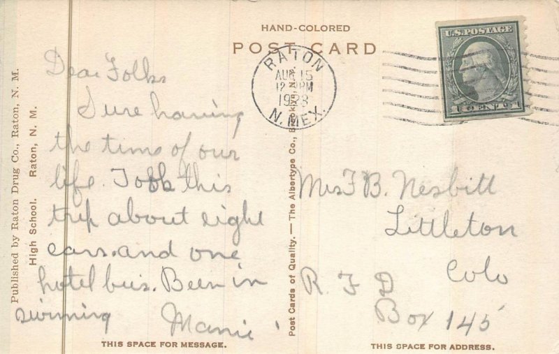 HIGH SCHOOL RATON NEW MEXICO HAND COLORED POSTCARD 1923