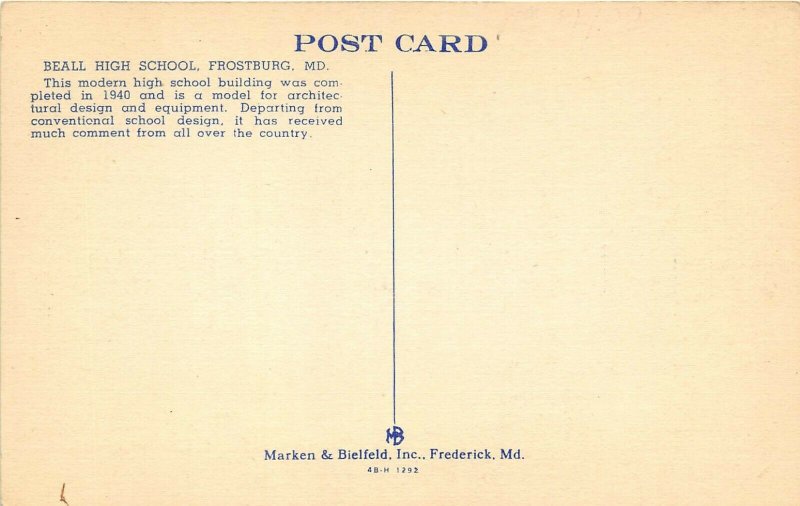 Frostburg Maryland 1940s Linen Postcard Beall High School