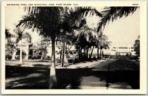 Swimming Pool and Municipal Pier Fort Myers Florida FL Palms Postcard