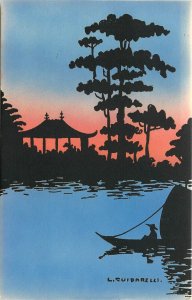 Art Postcard A/S L Guidarelli, Silhouette of Man in Boat, Trees, Sunset on Water