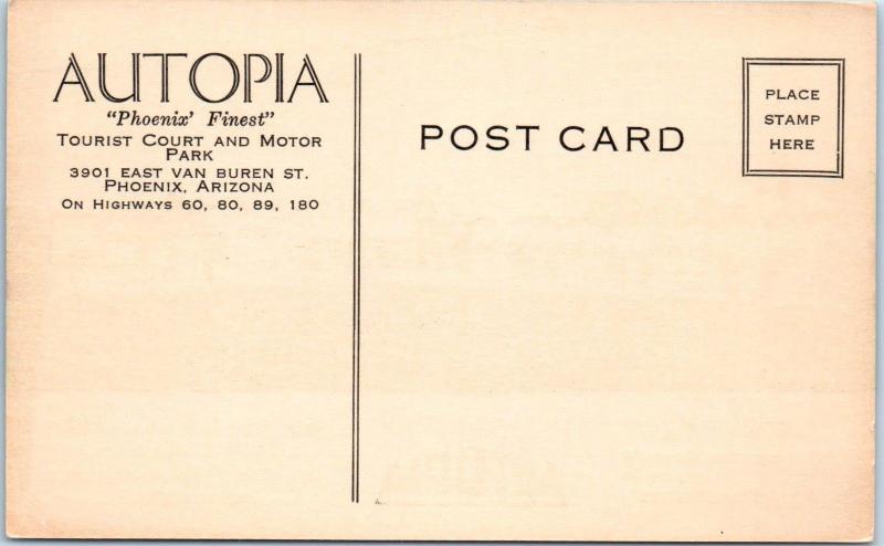 PHOENIX, AZ Arizona    AUTOPIA  MOTOR  HOTEL  c1940s  Roadside   Postcard