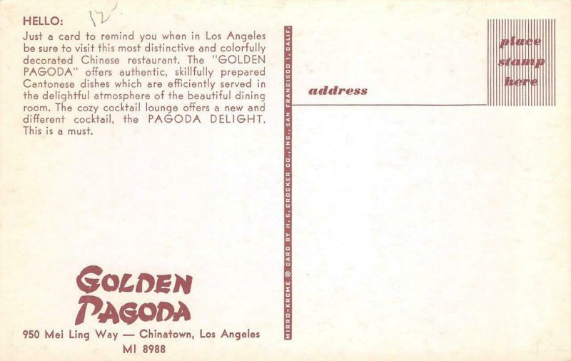 GOLDEN PAGODA Chinatown, Los Angeles, Chinese Restaurant c1950s Vintage Postcard