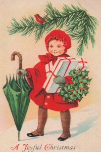 c.1907-15 Adorable Girl Red Coat Umbrella Presents Cardinal Postcard 2T6-493